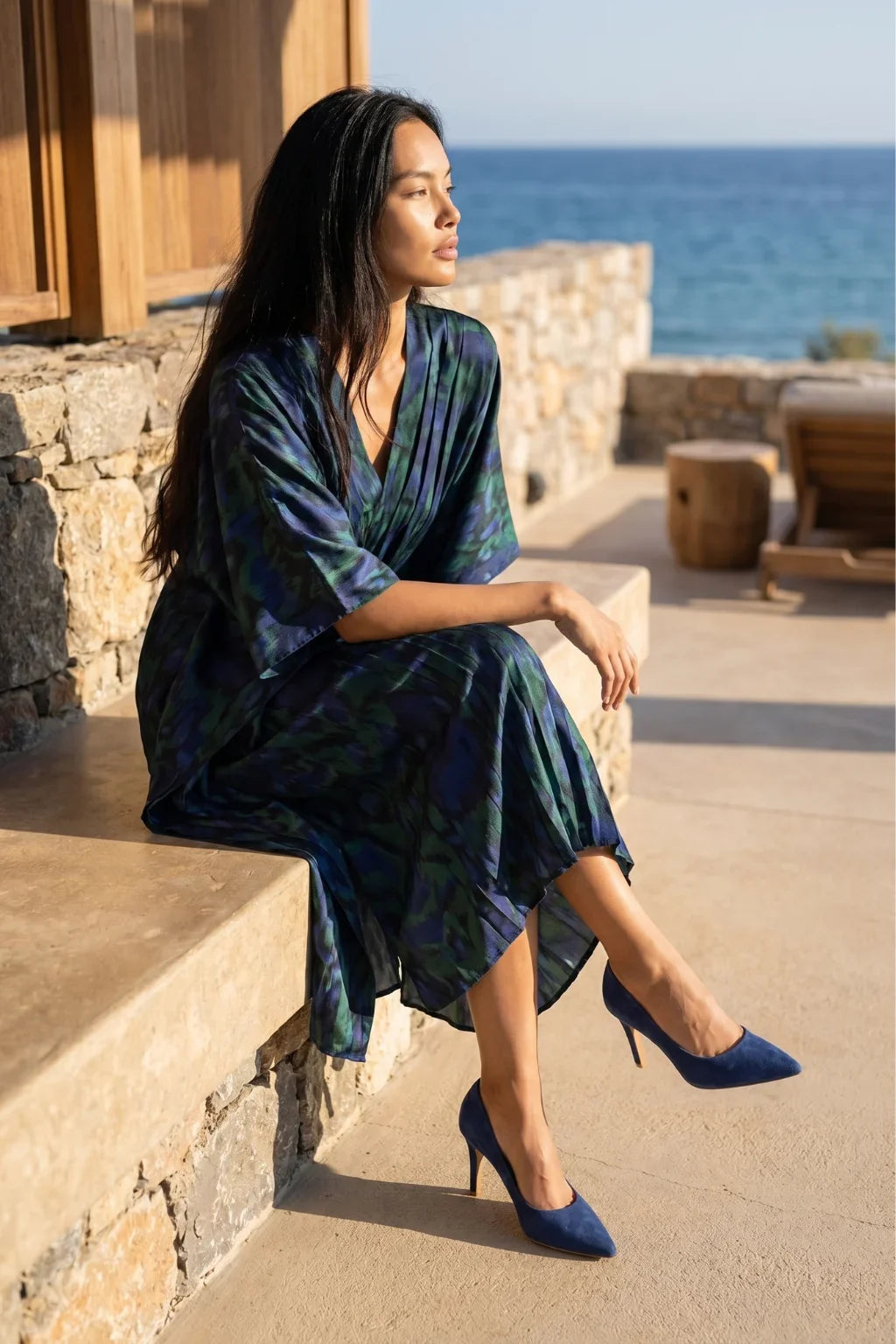 Verona Blu Suede Heel, Blue — 07 on model