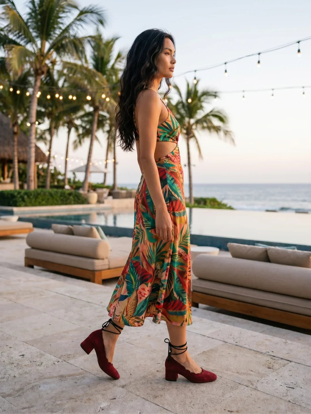 Oro Venezia Lace Pump, Burgundy — 07 on model