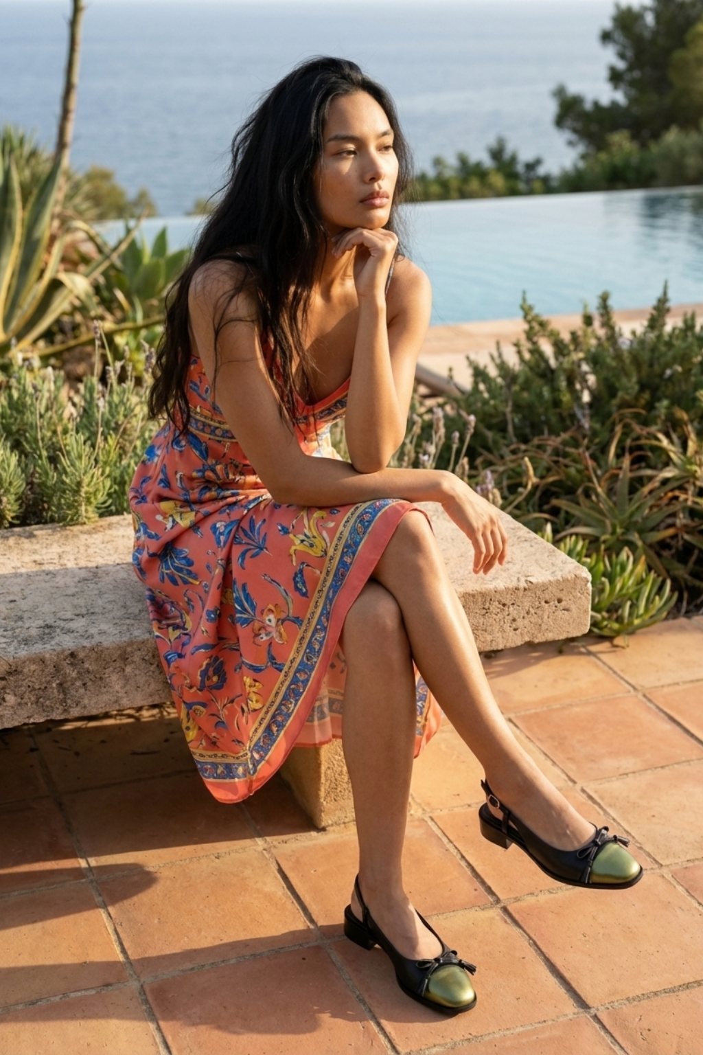 Alquimia Cap-Toe Slingback, Olive & Black — 08 on model