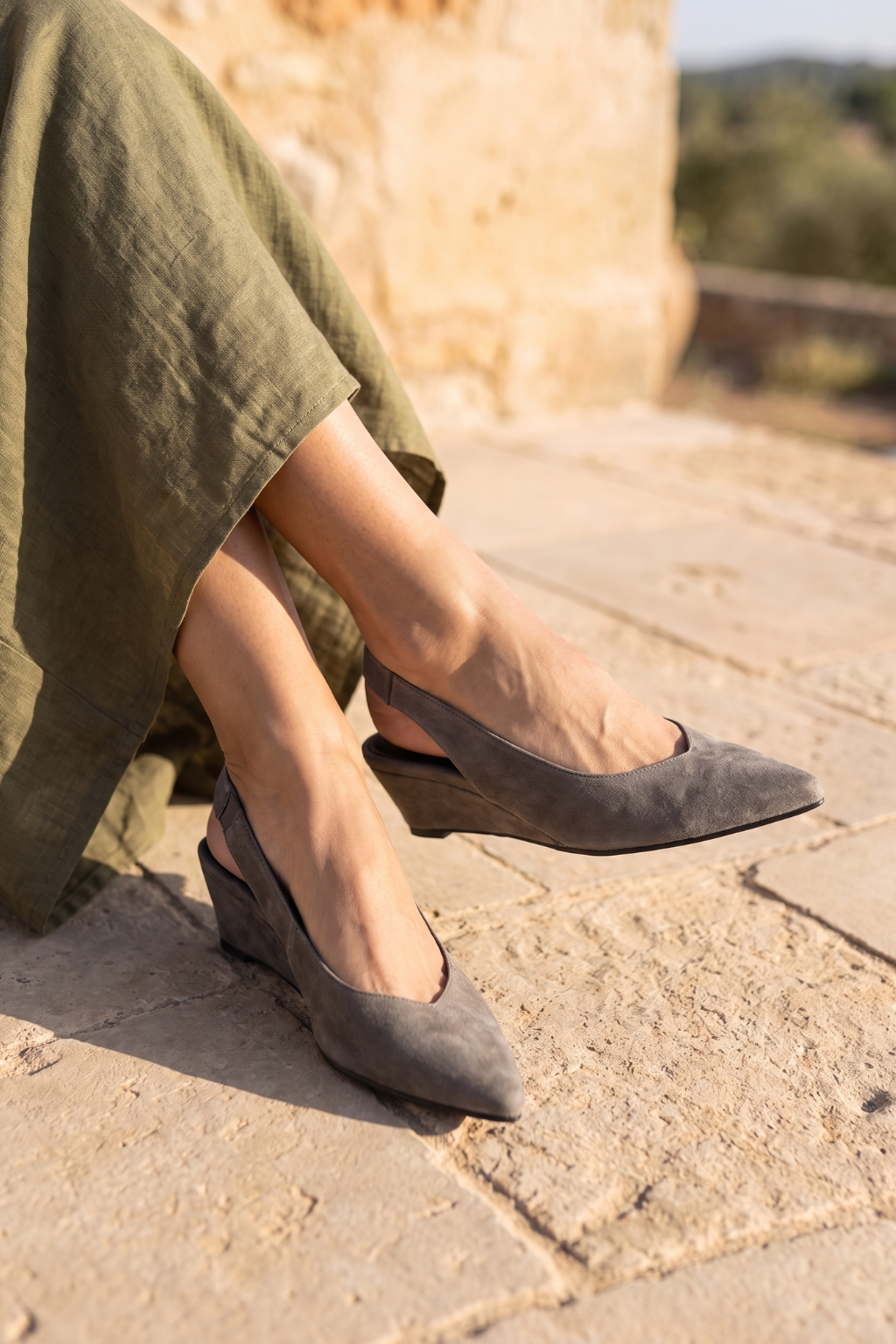 Solera Suede Slingback Wedge, Grey — 06 on the foot