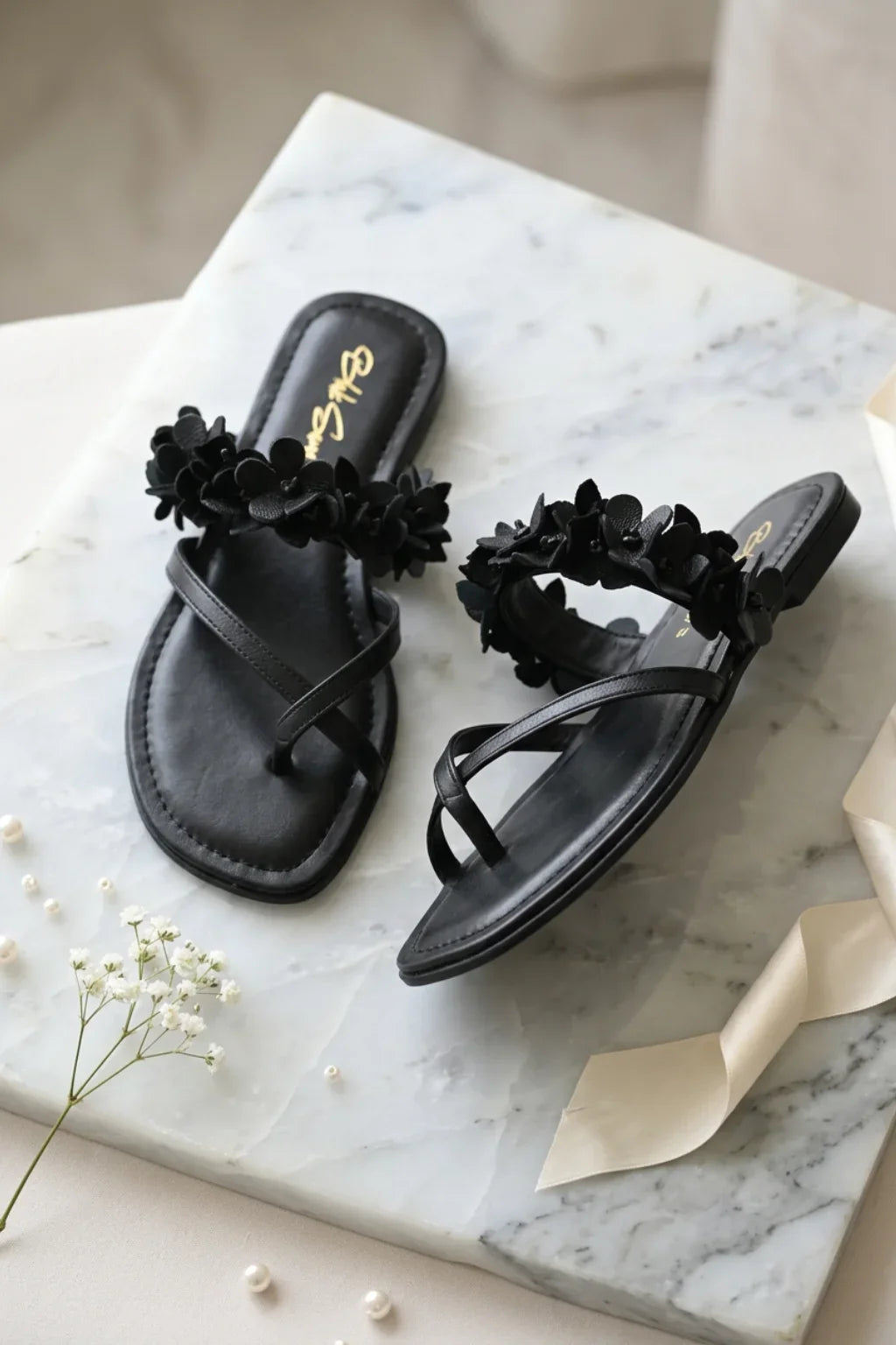 Fiore di Perla Flat Sandal, Black — 08 styled