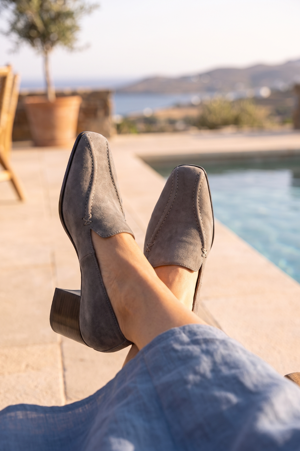 Toledo Suede Loafer Heel, Grey — 06 on the foot