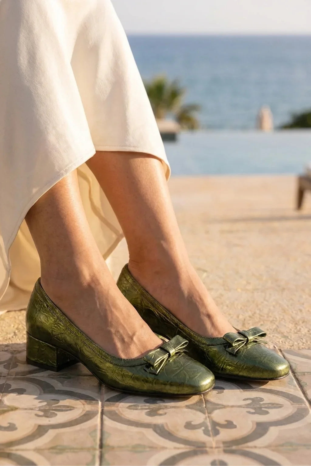 Arco Front Bow Pump Shoes, Olive — 06 on the foot
