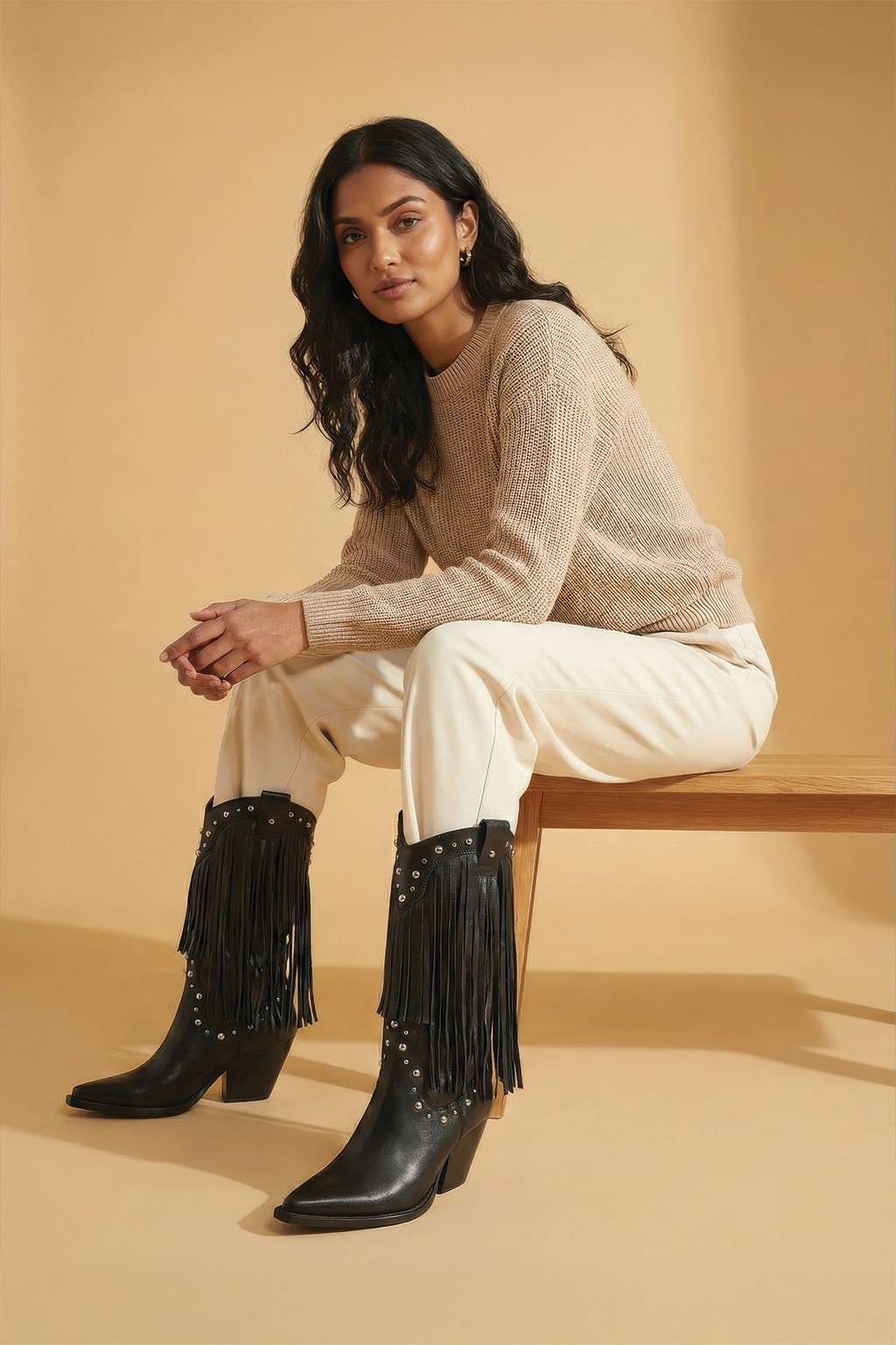 NoirSpill – Cascading Fringe Boots, Dark Brown — 07 on model