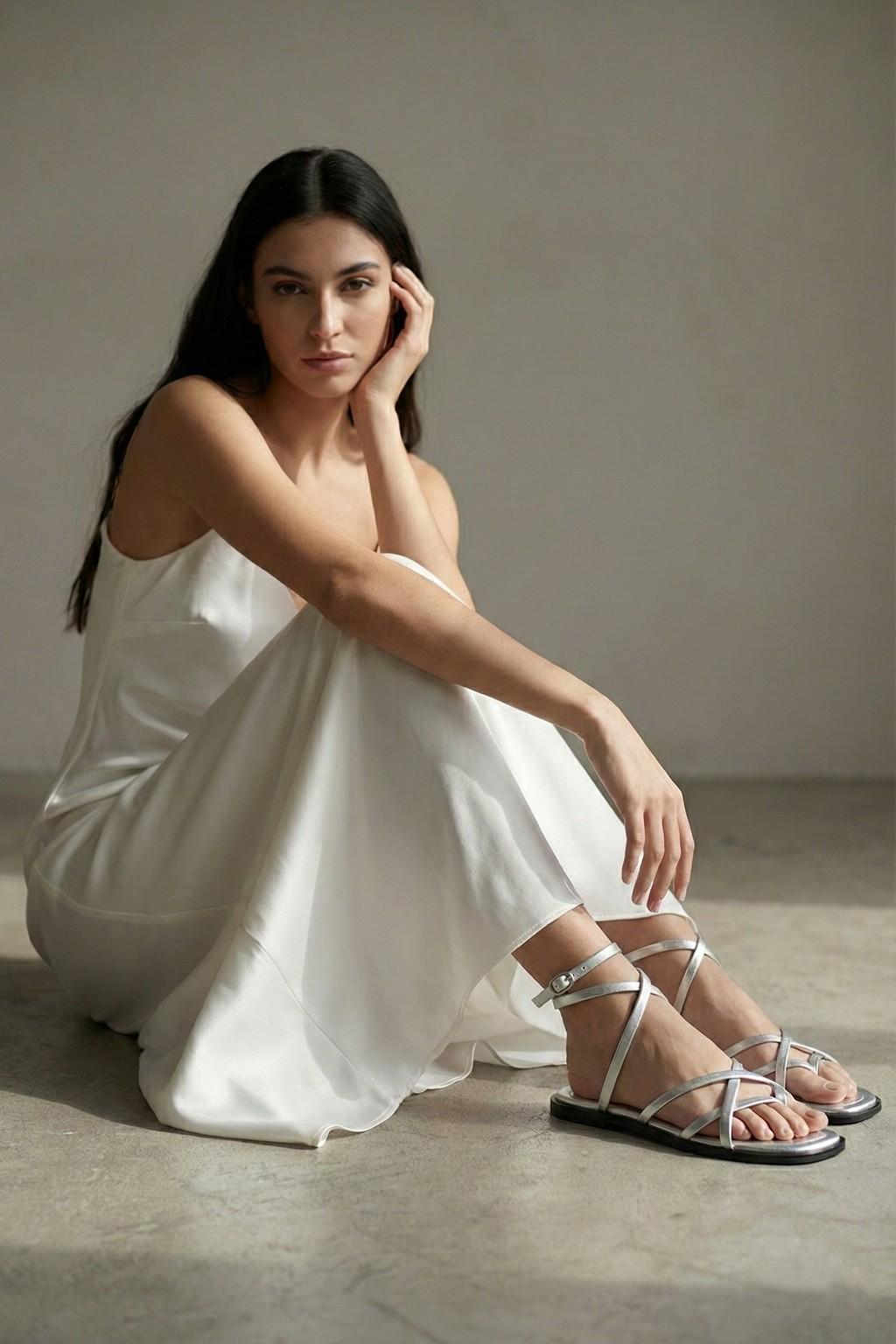 Noirve – Architectural Strap Sandals, Silver — 07 on model