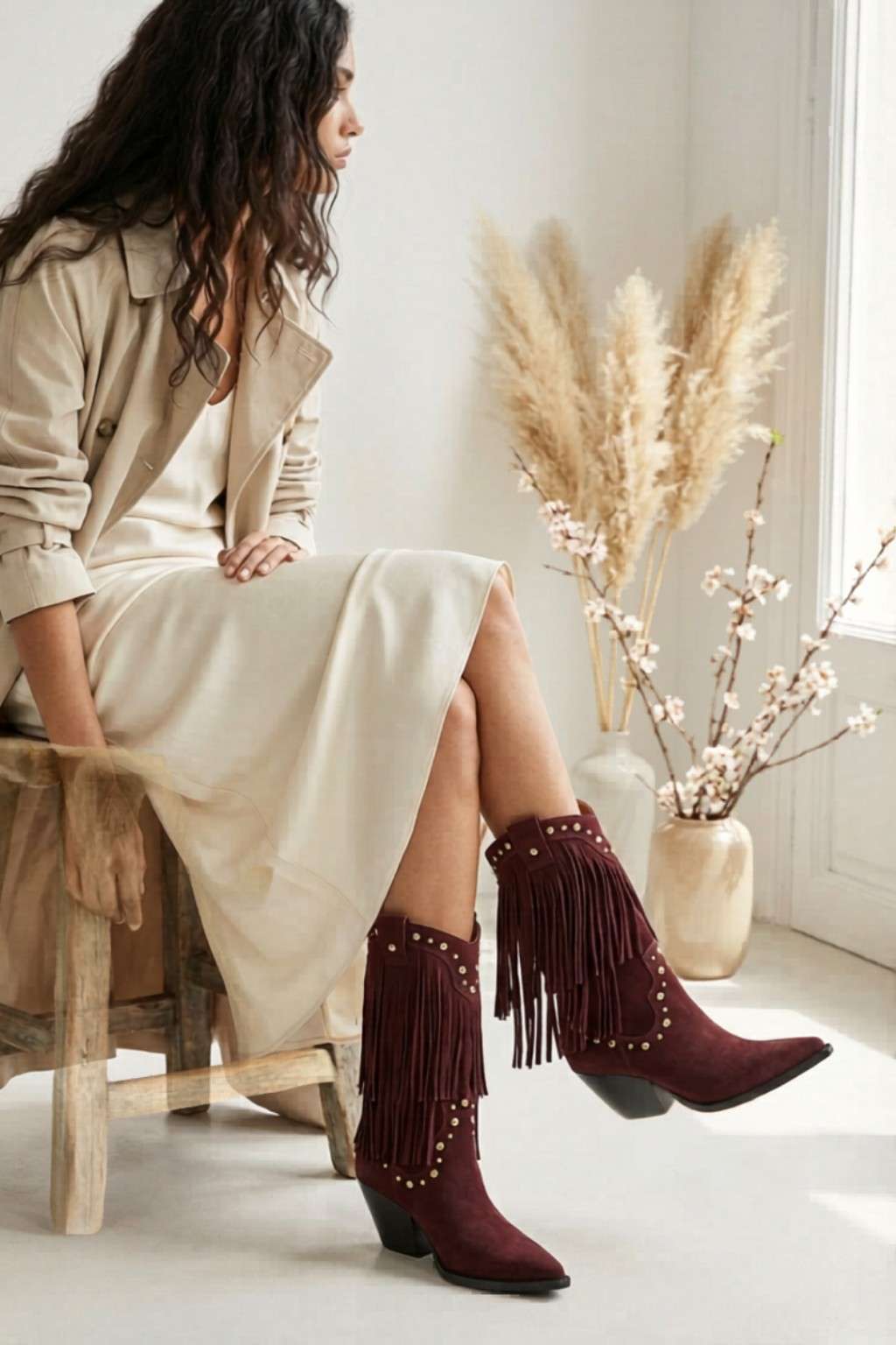 NoirSpill – Cascading Fringe Boots, Burgundy — 07 on model