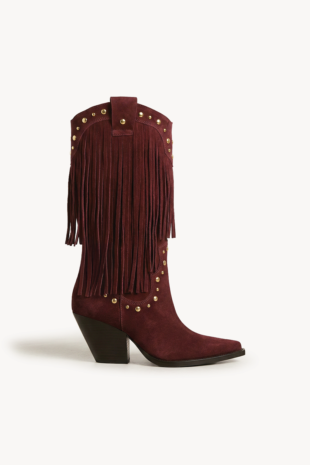 NoirSpill – Cascading Fringe Boots, Burgundy — 03 side profile