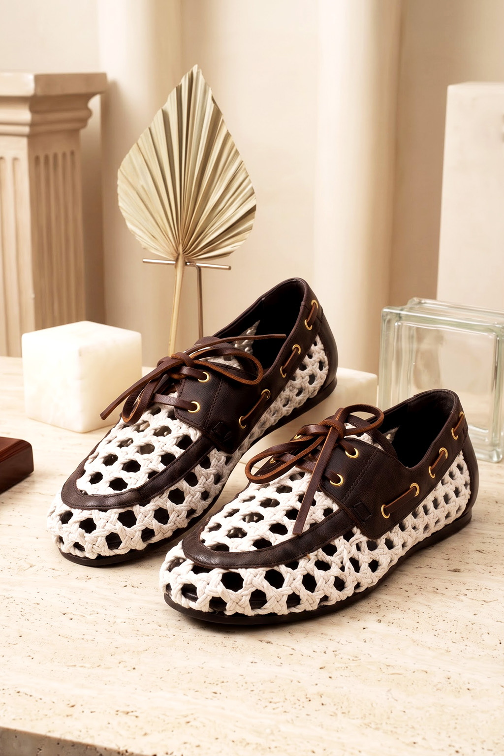 Maelia Woven Moccasin, White & Brown — 09 styled